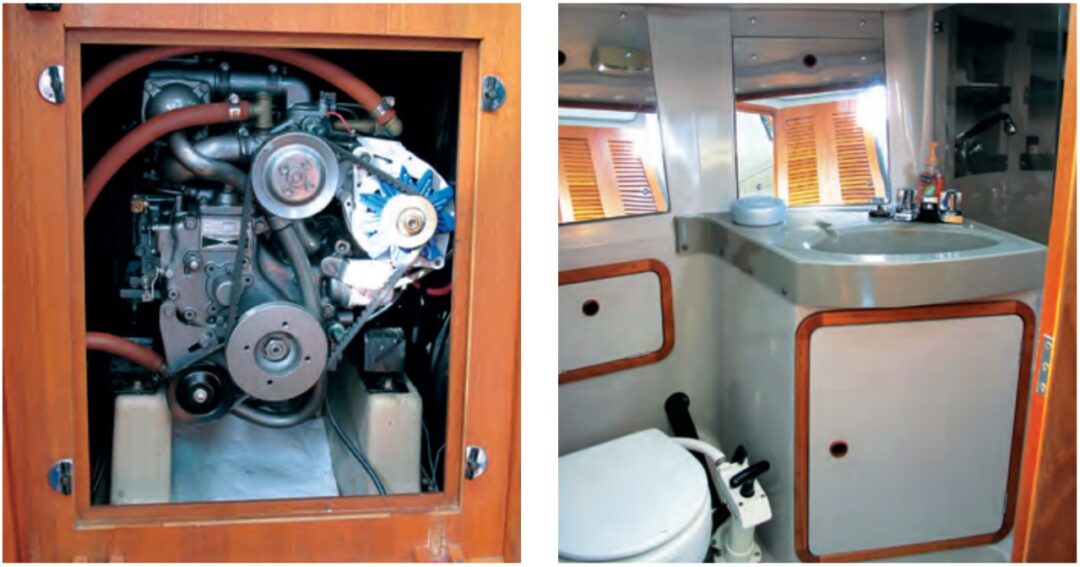 Removing the companionway ladder reveals the front of the engine, at left, but the back and sides are harder to get at. Molded fiberglass inner liners are well suited to the head, at right, where the inevitable moisture from the shower, sink, and toilet can damage wooden components.