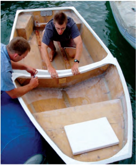 A Chameleon nesting dinghy can be assembled or disassembled with both sections in the water.