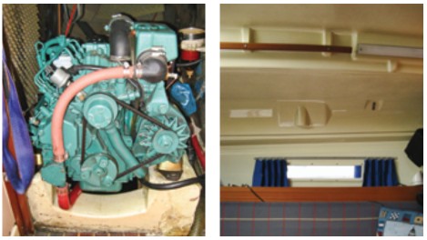 Dufour used extensive and quite intricate internal liners, as a detail of the saloon overhead shows, at right. Papillon was repowered with a 3-cylinder Volvo Penta diesel, at left, and access to it is quite good.