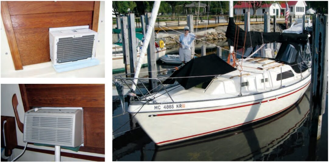 After making modifications that primarily enhanced Sundew’s belowdecks atmosphere, Jim turned to improving the comfort of the crew. A small air-conditioning unit fits neatly into the companionway dropboards, at left, and still allows ingress and egress. (The top view is of the exterior, the lower view is of the interior.) In hot weather, shade is essential, so Jim added a dodger, a Bimini, and a foredeck awning, at right.