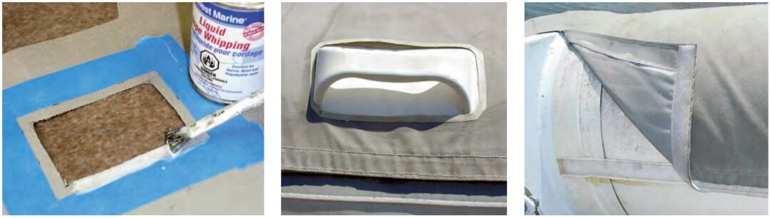 After the pattern has been transferred to the fabric, at left, the cut edges can be painted with Liquid Rope Whipping to protect them. It takes two coats to look nice and last well. After more than three years of use, the cutout for the handle on the bow of the dinghy still looks tidy, center. The loop Velcro is sewn directly to the fabric cover, while the hook side is first sewn to vinyl and then glued to the dinghy, at right.