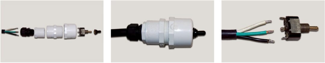 Norm’s spare pendant switch for the windlass aboard Bandersnatch is ready if needed, at top. The component parts for the switch, at left, were all purchased from non-marine sources. Using plumbing parts to make waterproof devices seems logical, center. With the SPDT center-off switch, at right, the windlass can be operated in forward or reverse.