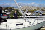 The pivot point of the A-frames is not level with that of the mast, but the apex of the after A-frame, attached to the spinnaker-pole car, accommodates the offset by rising up the mast as the mast is being raised.