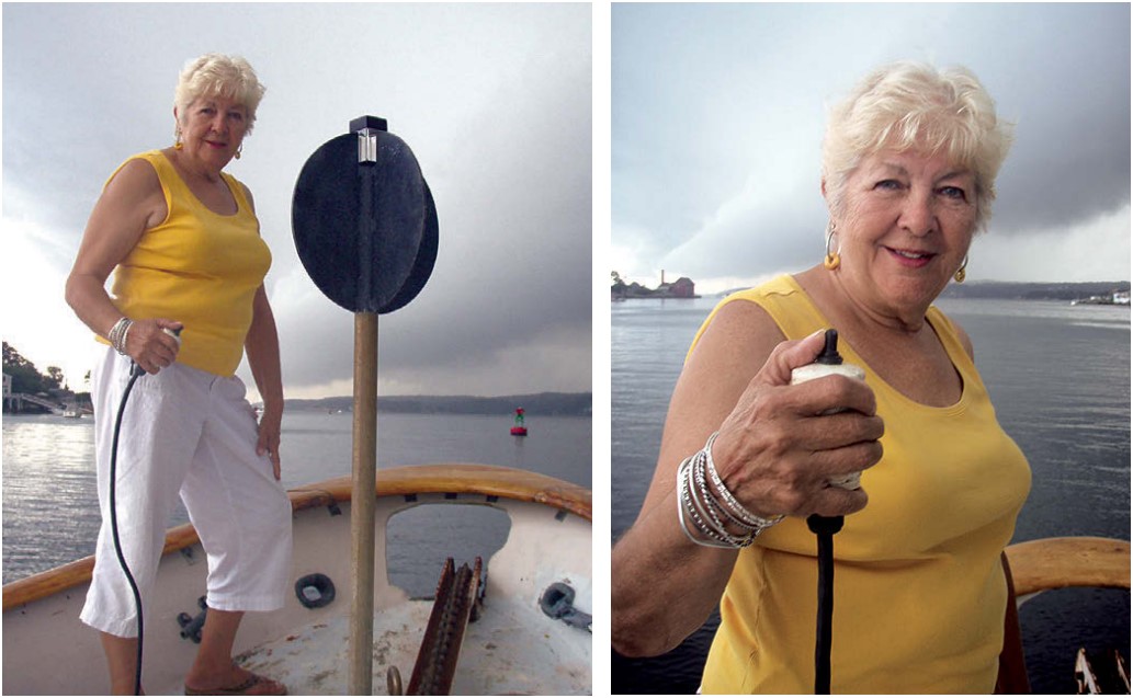 Jan can move about the foredeck and watch the anchor rode while she operates the windlass with the pendant switch.