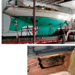 When the Hallberg Mistral 33 that was to become the Vera May arrived in Edmonton, above, she was showing signs of neglect. The rotten cockpit coaming, below, was only a beginning.