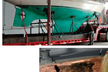 When the Hallberg Mistral 33 that was to become the Vera May arrived in Edmonton, above, she was showing signs of neglect. The rotten cockpit coaming, below, was only a beginning.