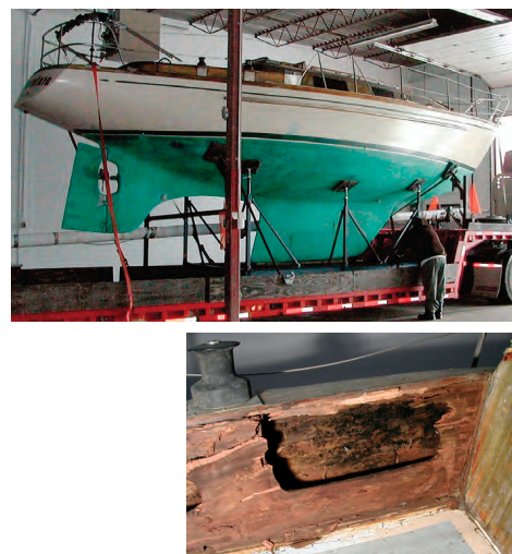 When the Hallberg Mistral 33 that was to become the Vera May arrived in Edmonton, above, she was showing signs of neglect. The rotten cockpit coaming, below, was only a beginning.
