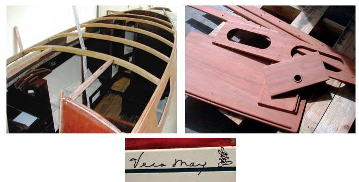 The Mistral was built with a wooden trunk cabin, and Stephen rebuilt it, at left. He kept the original beams to use as patterns for the new ones. Stephen also refinished the joiner work, at right, and made new parts as needed. His mother was his inspiration, so he named the boat for her, below.