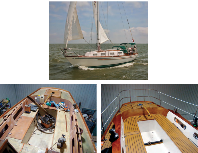 By the time he was done, Stephen had pretty much rebuilt the entire deck and cockpit, at left. He rewarded himself by cladding the deck with tek-dek, at right, so it looks much like it did when the boat left the builder’s yard. of course, the real reward was to be able to sail the Vera May, top.
