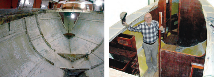 After assessing the boat’s overall condition, Stephen decided there was nothing to do but remove everything from inside the hull, at left. By the time his father came to visit, at right, Stephen had begun reassembling the interior. The yellow color is the Kevlar laminate he added.
