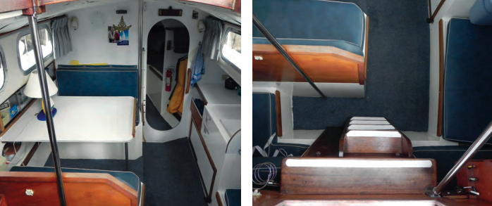The dinette is raised, putting the cabin windows at eye level for diners, at left. A counter extension expands the galley with its molded sink. A shippy detail is the oval cutout in the main bulkhead that allows easy passage while maintaining its strength. The vertiginous companionway ladder, at right, is well provided with handholds.