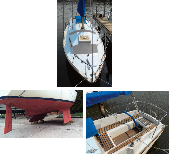 The tall cabin trunk may look a little boxy, but the crisp lines are rather elegant, above top. Like the Centaur, boats designed to be moored in estuaries that dry out at low tide often have bilge keels, above. They can also be stored on their own bottoms without stands. Crew stay dry in the deep cockpit with its high coamings, at right, but the helmsman must stand up to see over the cabintop.