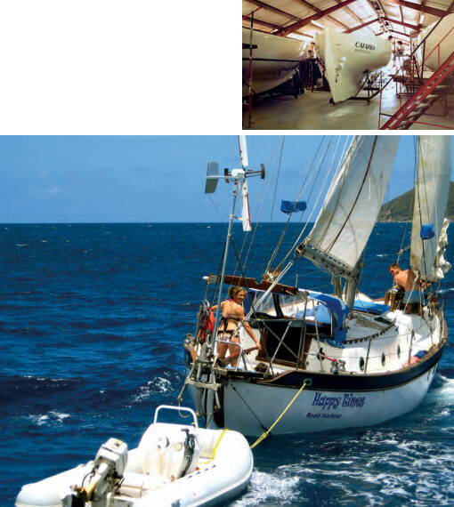 In 1974, Westsail Corp. opened a production facility in North Carolina, above, to help meet the booming demand. The Westsail 32, below, wasn’t fast (its nickname was the Westsnail 32), but with its heavy displacement, low freeboard, and full keel, it is an eminently seaworthy design. And with a long waterline, it does get moving nicely in a stiff breeze. In 1973, the base price of a Westsail 32 was $29,950.