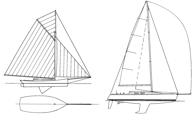 Schemer, at left, is a typical American sloop of the 1880s and raced against Madge. The rig on the J/120, at right, has echos of the old cutters.