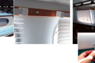 From the outside, the blinds look smart, facing page, and deny prying eyes a view inside. A furring strip, above, holds the blinds clear of the deadlight frames and, varnished, adds accent to the interior décor. Adjusting the blinds admits more or less light and permits more or less privacy, above right. When a blind is secured by its lanyard, inset right, it stays in place when the boat heels.