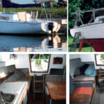 In fresh paint, at left, Jim’s Morgan 24 looks vastly better than when he bought her, at right. The bulkhead repair prompted Jim to remove the counter, bottom left, and install seating in its place, bottom right.