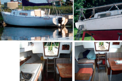 In fresh paint, at left, Jim’s Morgan 24 looks vastly better than when he bought her, at right. The bulkhead repair prompted Jim to remove the counter, bottom left, and install seating in its place, bottom right.