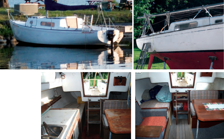 In fresh paint, at left, Jim’s Morgan 24 looks vastly better than when he bought her, at right. The bulkhead repair prompted Jim to remove the counter, bottom left, and install seating in its place, bottom right.