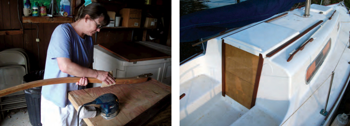 Ruth refinished the tiller, at left, so it no longer resembled a “dead stick,” and new trim and paint gave the deck a yachty appearance . . . for pennies.