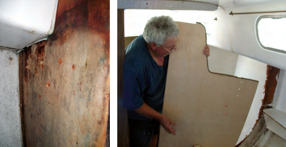 A leak at the starboard chainplate rotted the bulkhead, far left. After pricing repairs, Jim replaced it himself, at left.