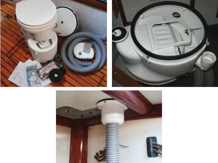 One Air Head kit complete, some assembly required, above left. It included the vent hose, various fittings and consumables, and the cover for transporting the compost tank. The inverted bowl component, above right, shows the liquids conduit, at the left, and the trapdoor (its lever is at the lower right). Venting is aided by a 12-volt fan in a shroud, which Dave mounted beneath a Dorade, bottom of page.