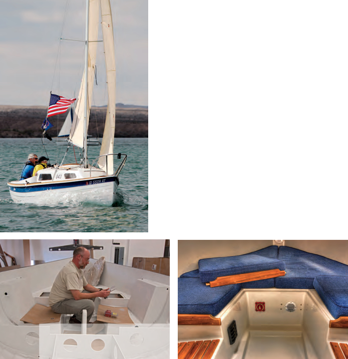 Ben Pierson of the Idea Film Factory caught this shot of Phil and Mary McCowin racing their brand-new Sage 17, Alida, at the Havasu Pocket Cruisers Convention in February, at left. Dave Scobie installs the electrical system on the fifth Sage hull to be assembled at the Golden, Colorado, facility, at left below. The Sage interior seems roomy, at right below, particularly when you remember this is a trailerable boat meant to take you anywhere.