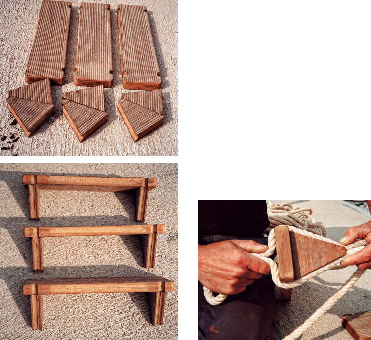 Crafting the ladder’s several parts took a little labor, above at left. A “dry” assembly indicates how the ladder will look, at left. When seized into the grooves, the rope will hold the parts firmly together, below.