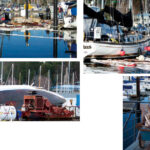 The calm water, at left, belies the upheaval of the explosion the day before that destroyed the 38-foot powerboat once moored in the slip and now a splintered hull, below. Enough debris littered the water and surrounding boats, top of facing page, for harbormaster Ron Amundson, bottom of facing page, and his crew to fill a 30-cubic yard dumpster.