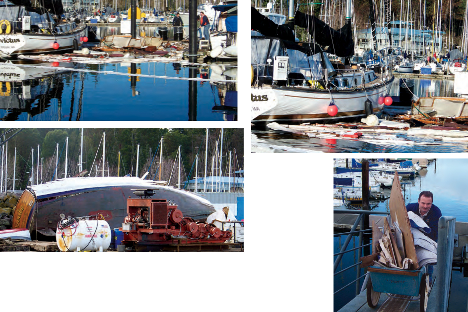 The calm water, at left, belies the upheaval of the explosion the day before that destroyed the 38-foot powerboat once moored in the slip and now a splintered hull, below. Enough debris littered the water and surrounding boats, top of facing page, for harbormaster Ron Amundson, bottom of facing page, and his crew to fill a 30-cubic yard dumpster.