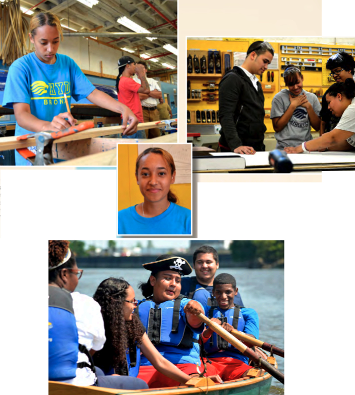 Natividad Lopez, above and left, likes the safe atmosphere she finds in the Boatbuilding Program at Rocking the Boat. It’s apparent from the smiles that others in the program find the water a pleasant retreat from the gritty streets of the Bronx, below.