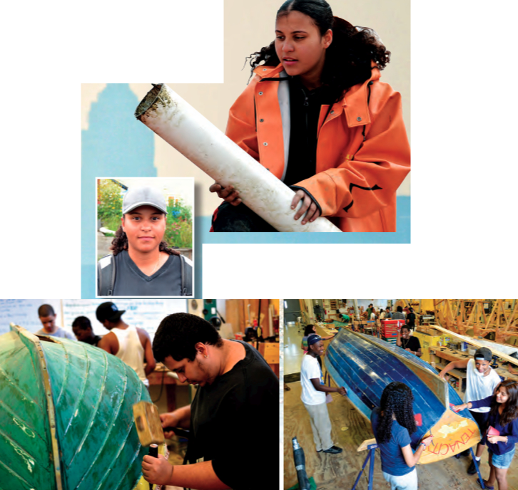 As a member of the On-Water Program, Emily Martinez, above and left, learned to row and sail and studies marine life in and around the Bronx River alongside professional scientists. Tenacity is just one of the traits encouraged in the boatbuilding shop, below.