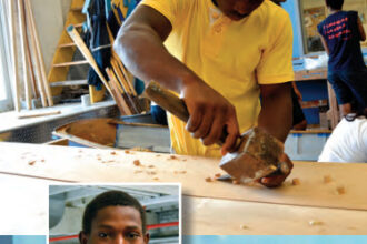 Sekou Kroma, above and left, spoke little English when he signed up for Rocking the Boat. The program gave him a group of friends, a purpose, and boatbuilding skills with which he earns money.