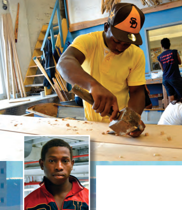 Sekou Kroma, above and left, spoke little English when he signed up for Rocking the Boat. The program gave him a group of friends, a purpose, and boatbuilding skills with which he earns money.