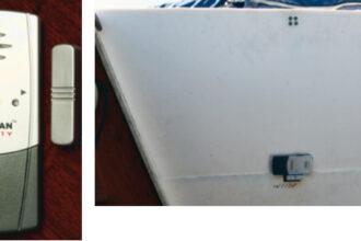 In a typical window alarm, a magnetic switch is held open by an external magnet, at left. When the alarm and magnet are attached to adjacent companionway dropboards, above, the alarm will go off when the upper dropboard is removed.
