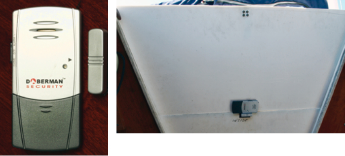 In a typical window alarm, a magnetic switch is held open by an external magnet, at left. When the alarm and magnet are attached to adjacent companionway dropboards, above, the alarm will go off when the upper dropboard is removed.