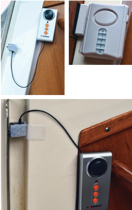 A button-switch alarm, at left, can be disarmed using the keypad. A Velcro tab in the dropboard channel holds the switch with the button depressed to silence the “disarmed” signal, below. A magnetic-switch alarm with a keypad for entering a disarm code is another option, above.