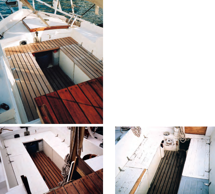 Richard and Magali glued wooden decking to Sigfrid ’s cockpit seats and were pleased with how they looked after a full season of use, above. (One seat is darker because it was made several months after the others.) They had painted the lockers, seats, and coamings when they first built them, below left, but the seats quickly began to show wear because of the amount of use they saw, below right.