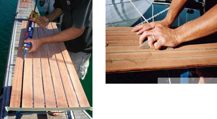 After carefully removing excess epoxy from the caulking gaps, Richard dammed the gaps by taping the ends of the seat and applied caulking, at left. Once the sealant had kicked, Richard trimmed the excess with a sharp chisel. Then, using a sanding block to ensure a smooth finish, he sanded the seat and seams flat, above.