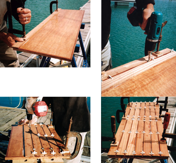 The first plank, after being coated with glue, is held in place with C-clamps, above. Note the screw holes from the dry-fit stage. After butting the second plank against the tile spacers, Richard clamped it down with fender washers held with screws driven into the caulking gap, at right. As Richard progresses across the seat, at left below, the system of tile spacers and screws is clearly visible. The last plank is also held in place with clamps, at right below.