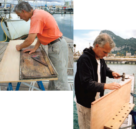 Richard began marking out the new seats by drawing around the originals (note the deterioration in the old plywood), at left. Against the background of the Rock of Gibraltar, Richard attached the edging strips with small brass panel pins, below.