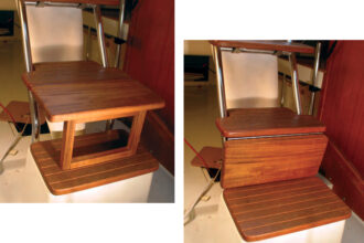 Deployed, at left, the step extension makes a comfortable seat. Folded down, below, it becomes part of the cabin’s teak décor.