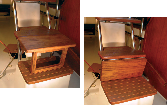 Deployed, at left, the step extension makes a comfortable seat. Folded down, below, it becomes part of the cabin’s teak décor.