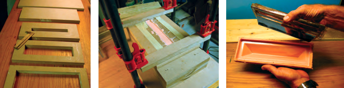The illustration, at top, shows the principle of the master mold. To reduce the amount of compound needed to surround the master prism, David built the box in layers, at left. He set the prism on the base, clamped the mold box down, and poured the compound, above. Prism and mold separated easily, above right.