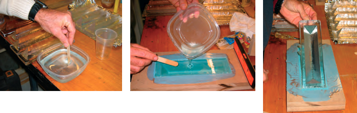 After experimenting with resin/catalyst ratios, David mixed the resin carefully to avoid introducing bubbles, above left. He leveled the mold, then gently filled it with resin, above right. The cured prism released easily from the mold, at right, and is remarkably clear.