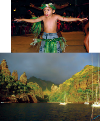 At Heiva time on Fatu Hiva, French Polynesia, even the children join in the dancing, above, in magical Hanavave Bay, below.