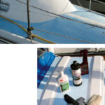 The gelcoat on Peter’s Catalina 27 was dull with age, at left, so he tested several products formulated to restore its luster, below.