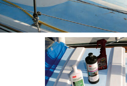 The gelcoat on Peter’s Catalina 27 was dull with age, at left, so he tested several products formulated to restore its luster, below.