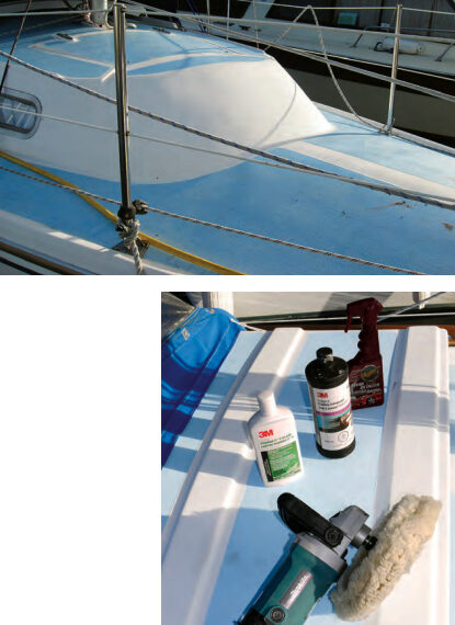 The gelcoat on Peter’s Catalina 27 was dull with age, at left, so he tested several products formulated to restore its luster, below.