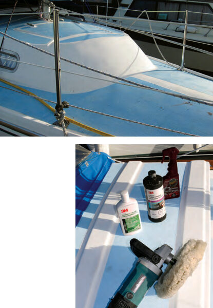 The gelcoat on Peter’s Catalina 27 was dull with age, at left, so he tested several products formulated to restore its luster, below.