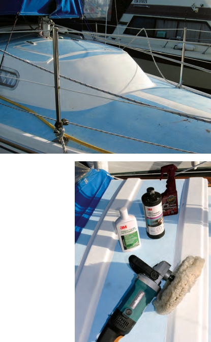 The gelcoat on Peter’s Catalina 27 was dull with age, at left, so he tested several products formulated to restore its luster, below.